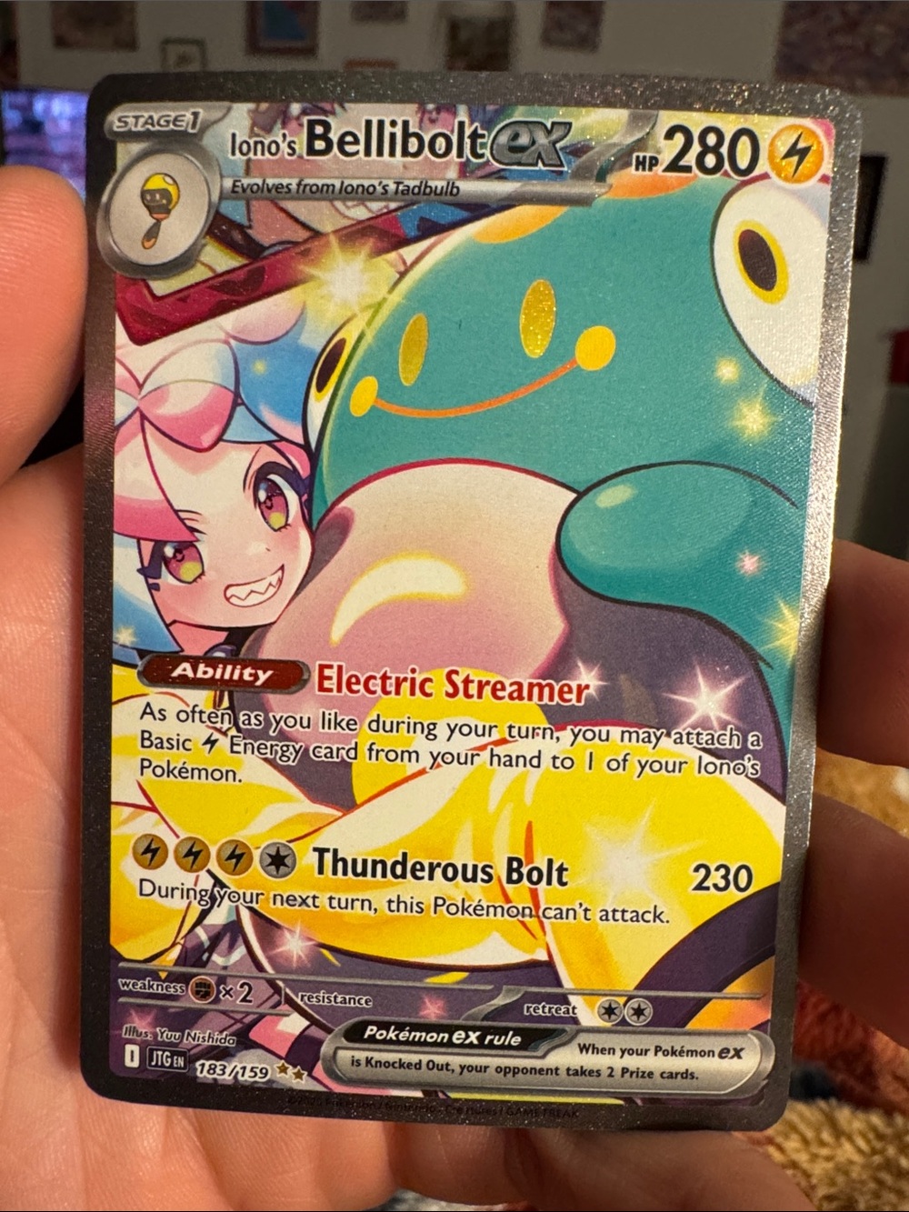 Pokemon Iono's Bellibolt ex Card - Teal, Yellow, Pink